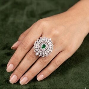 Green Zirconia Floral Cocktail Ring | Crystal Halo Statement Ring
